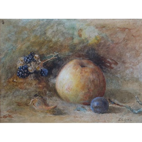 1273 - L S GRAY - STILL LIFE APPLE AND BLACKBERRIES, SIGNED WATERCOLOUR, F/G, 17CM X 22CM