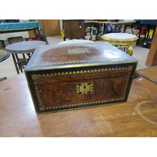 1352 - VICTORIAN BURR WALNUT BRASS INLAID WRITING BOX, 30CM W