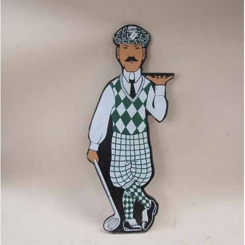 1455 - PAINTED FLOOR STANDING DUMB WAITER DOUBLE SIDED BOARD IN THE FORM OF A GOLFER, 92CM H