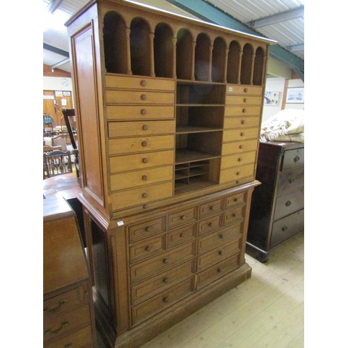 1919 - OAK SPECIMEN/COLLECTORS CABINET - 128CMS W X 200 CMS HIGH INCLUDING BASE SECTION