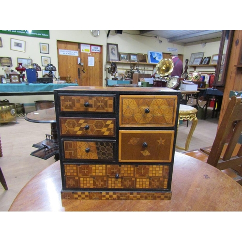 1376 - EARLY 20C PARQUETRY TABLE TOP CABINET OF FIVE SHORT AND ONE LONG DRAWER, 30CM W, 30CM H