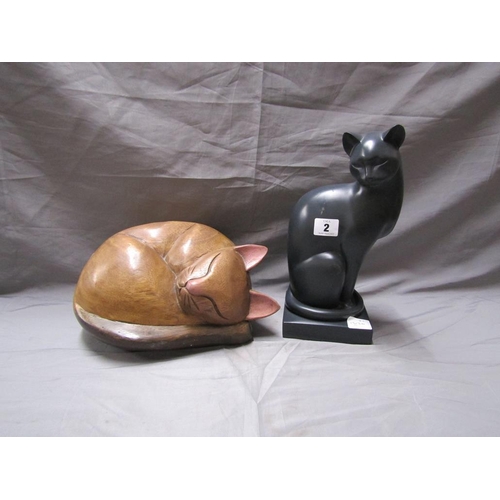 2 - CARVED WOODEN CAT, RESIN CAT