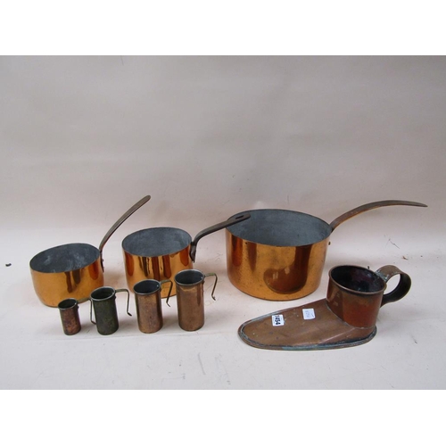 19c COPPER ALE MULLER TOGETHER WITH FOUR MEASURES AND THREE SAUCEPANS