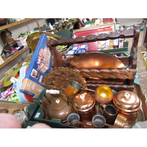 320 - BOX OF COPPER WARE, MAGAZINE RACK