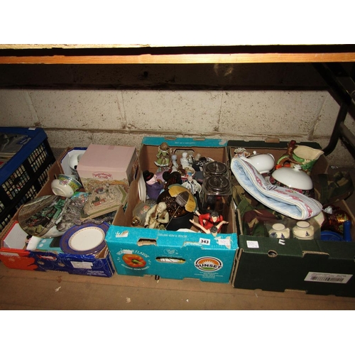 343 - THREE BOXES OF MIXED CERAMICS, ORNAMENTS ETC