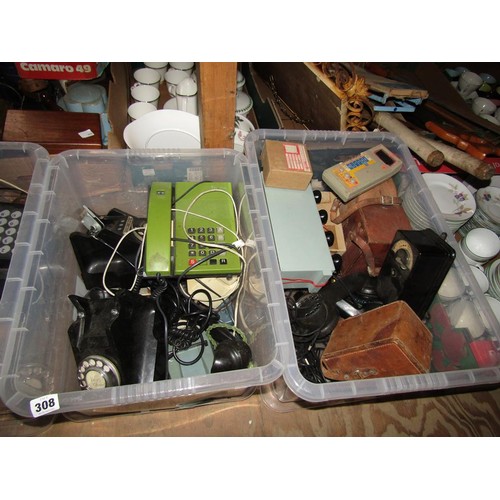 307 - FOUR BOXES OF VINTAGE ELECTRICAL ITEMS - TELEPHONES ETC