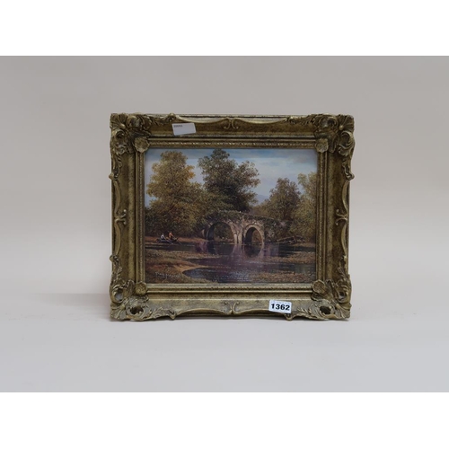 1362 - PAUL MORGAN - THE TWO ARCH BRIDGE, SIGNED OIL ON BOARD, FRAMED, 19CM X 24CM