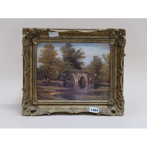 1362 - PAUL MORGAN - THE TWO ARCH BRIDGE, SIGNED OIL ON BOARD, FRAMED, 19CM X 24CM
