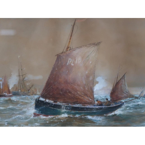 1363 - R MALCOLM LLOYD - SAILING VESSELS ENTERING HARBOUR, SIGNED WATERCOLOUR, F/G, 19.5CM X 54CM
