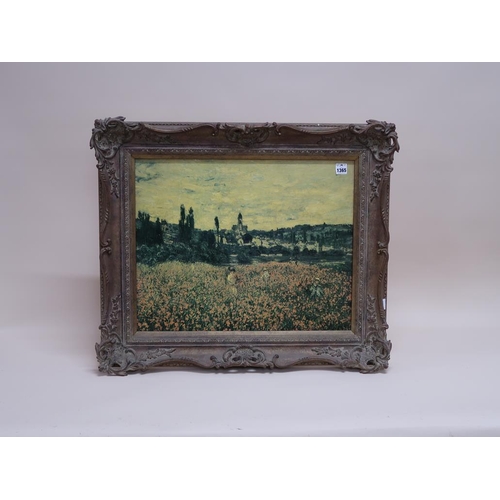 1365 - OELOGRAPH - FRENCH LANDSCAPE WITH POPPY FIELD AND TOWN, FRAMED 48CM X 60CM