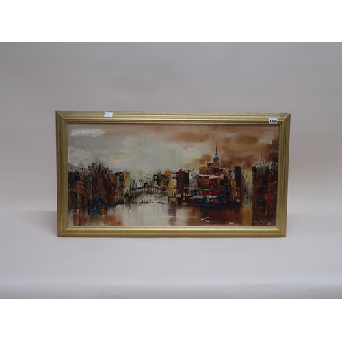 1366 - PETER ROLFF? - CITY RIVER, SIGNED OIL ON CANVAS, FRAMED, 40CM X 80CM