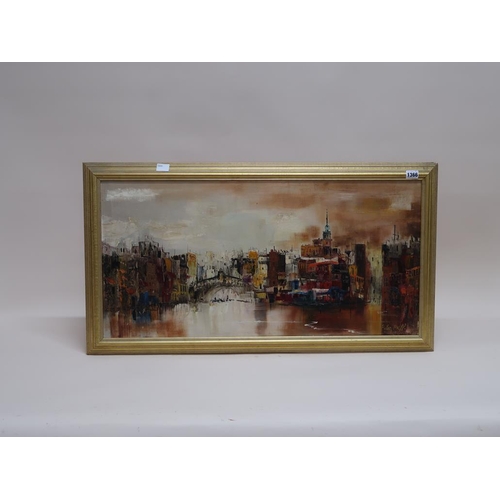 1366 - PETER ROLFF? - CITY RIVER, SIGNED OIL ON CANVAS, FRAMED, 40CM X 80CM