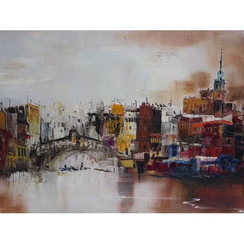 1366 - PETER ROLFF? - CITY RIVER, SIGNED OIL ON CANVAS, FRAMED, 40CM X 80CM