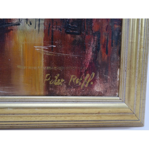 1366 - PETER ROLFF? - CITY RIVER, SIGNED OIL ON CANVAS, FRAMED, 40CM X 80CM