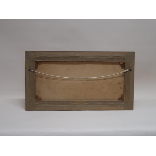 1366 - PETER ROLFF? - CITY RIVER, SIGNED OIL ON CANVAS, FRAMED, 40CM X 80CM