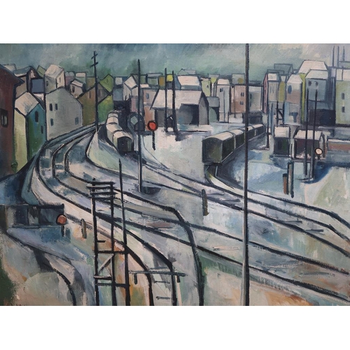 1369 - HANS EMIL DEUTSCH 60 - WINTER RAILWAY JUNCTION, OIL ON CANVAS, FRAMED, 95CM X 115CM
