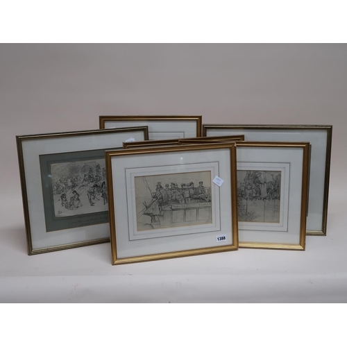 1388 - SERIES OF SIX F/G B&W SKETCH PRINTS BY C W ALLERS, EACH APPROX 20CMX 28CM