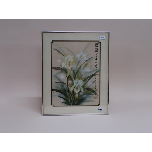 1390 - ORIENTAL FRAMED COLOURED PRINT - IRIS, 40CM X 30CM