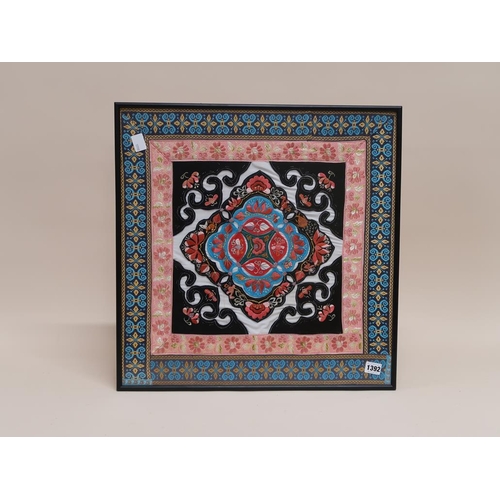 1392 - FRAMED CUSHION COVER BY THE SANI PEOPLE WHO LIVE IN THE KUNMING REGION OF CHINA, F/G, 53CM X 63CM