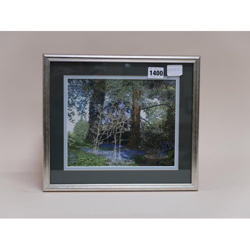 1400 - COLOURED MATERIAL THREAD PAINTING BY JULIE WILLS, F/G, 18CM X 21CM