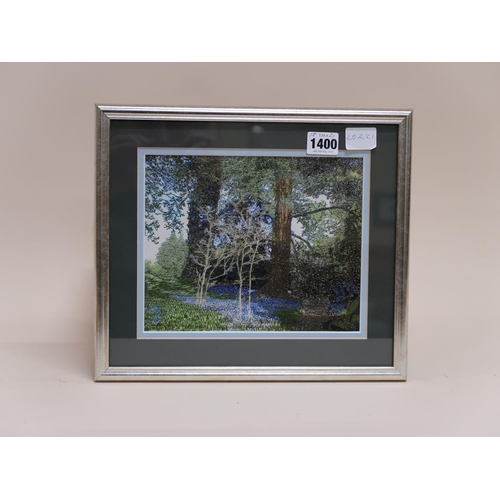 1400 - COLOURED MATERIAL THREAD PAINTING BY JULIE WILLS, F/G, 18CM X 21CM