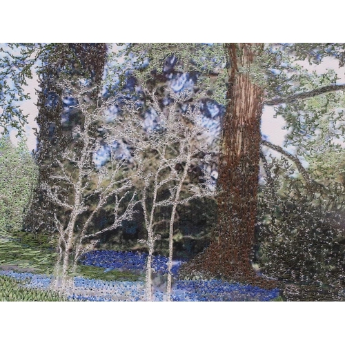 1400 - COLOURED MATERIAL THREAD PAINTING BY JULIE WILLS, F/G, 18CM X 21CM