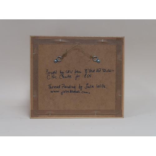 1400 - COLOURED MATERIAL THREAD PAINTING BY JULIE WILLS, F/G, 18CM X 21CM