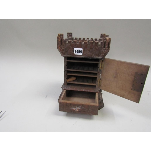1459 - CARVED WALNUT TOWER CIGAR BOX, 18CM W, 29CM H