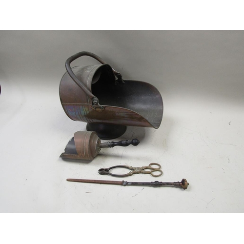 1560 - COPPER COAL SCUTTLE AND SHOVEL, PAIR OF TONGS, POKER