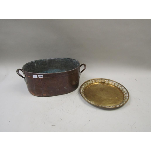1561 - 19C GALVINISED COPPER TWO HANDLED BOILING PAN, 56CM W; BRASS DISH