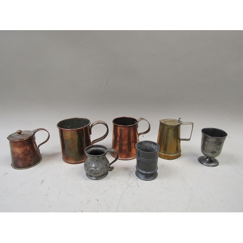 1564 - THREE PEWTER TANKARDS; TWO COPPER TANKARDS; LIDDED JUG; BRASS JUG
