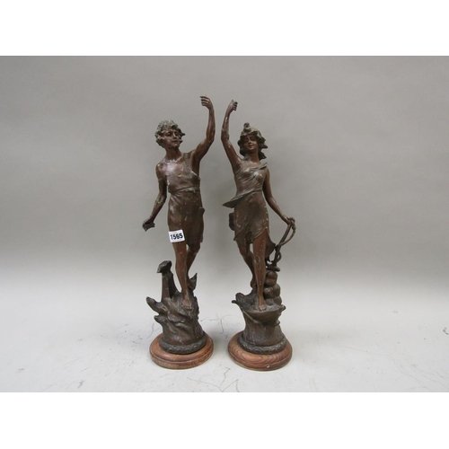 1565 - PAIR OF VICTORIAN PATINATED SPELTER FIGURES, EACH 55CM H