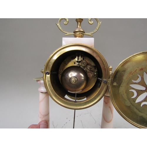 1567 - FRENCH STYLE BRASS AND PINK VEINED MARBLE MANTEL CLOCK, 39CM H
