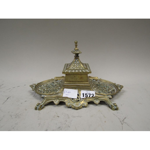 1572 - CAST BRASS SINGLE BOTTLE INKSTAND, 22CM W