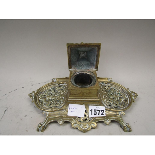 1572 - CAST BRASS SINGLE BOTTLE INKSTAND, 22CM W