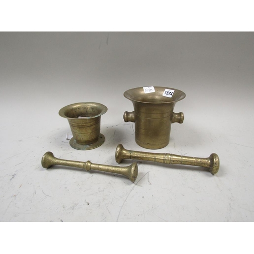 1574 - TWO BRONZED MORTARS AND PESTLES