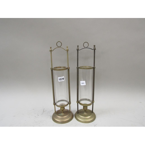 1578 - PAIR OF BRASS FRAMED STORM CANDLE HOLDERS WITH CARRY HANDLES, EACH 41CM H