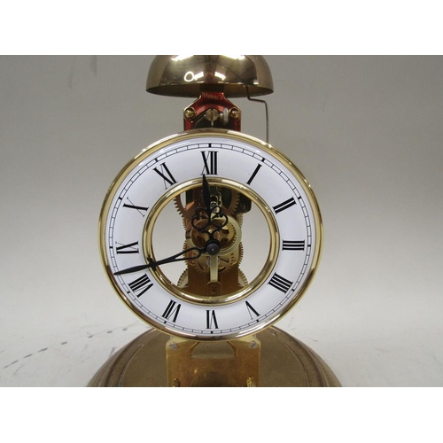1579 - BRASS STRIKING SKELETON CLOCK UNDER DOME, 30CM H OVERALL