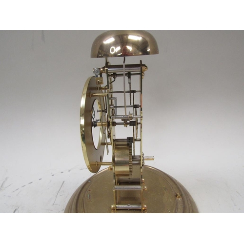 1579 - BRASS STRIKING SKELETON CLOCK UNDER DOME, 30CM H OVERALL