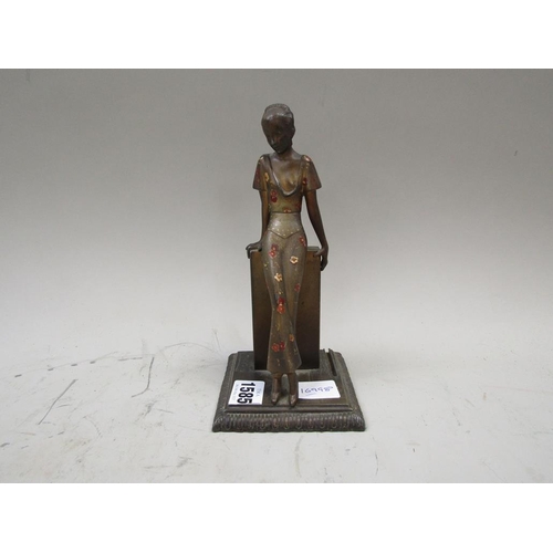 1585 - AUSTRIAN ART DECO PERIOD STAMPED LORENZL GILT METAL AND DECORATED FIGURE OF A LADY TABLE LIGHTER WIT... 