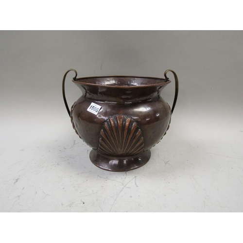 1586 - LATE 19C EMBOSSED TWO HANDLED COPPER BOWL, 35CM W