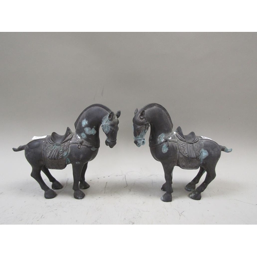 1588 - PAIR OF CHINESE STYLE METAL HORSE FIGURES, 27CM W