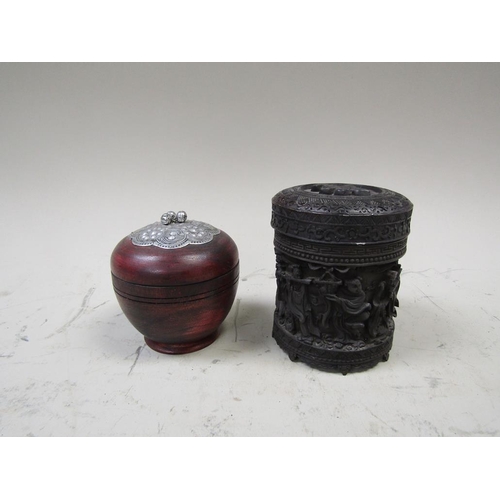 1590 - ORIENTAL CARVED WOOD POT AND COVER; POT AND COVER WTIH SILVERED MOUNT