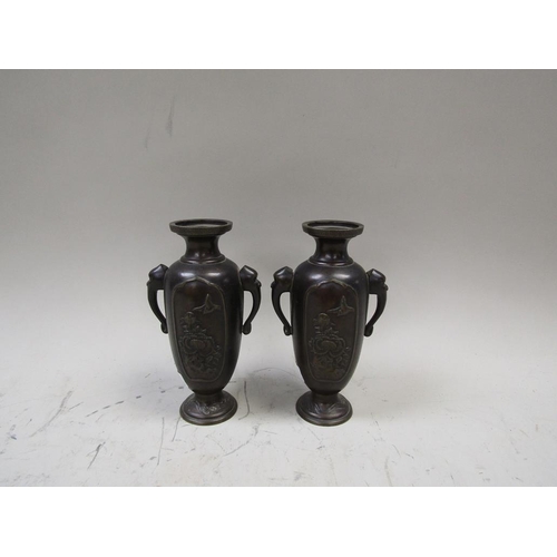 1593 - PAIR OF CHINESE PATINATED BRONZED TWO HANDLED VASES