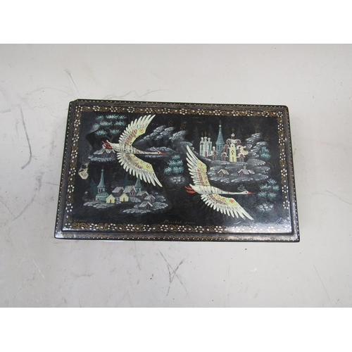 1596 - RUSSIAN BLACK LACQUERED BOX WITH HINGE COVER, 18CM W