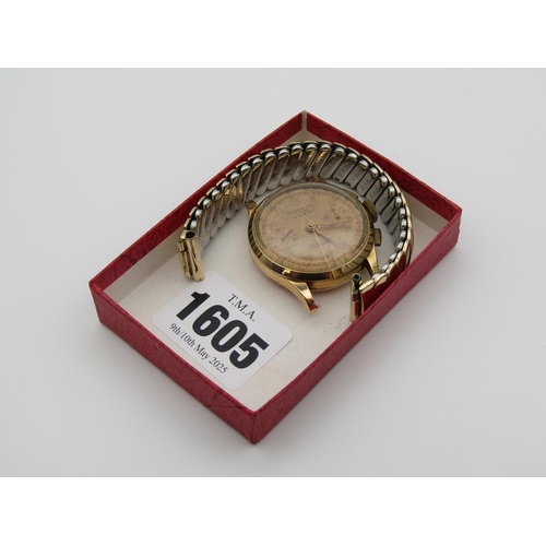 1605 - 18CT GOLD CASED AND 9ct BACKED CHRONOGRAPH SUISSE AGARI  WATCH MOVEMENT WITH AN UNATTACHED PLATED ST... 