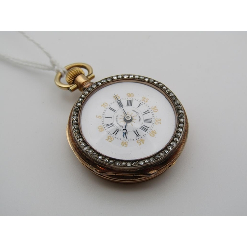 1606 - TIFFANY AND CO. NEW YORK GOLD AND ENAMEL FOB WATCH WITH DIAMOND CHIP BEZEL
