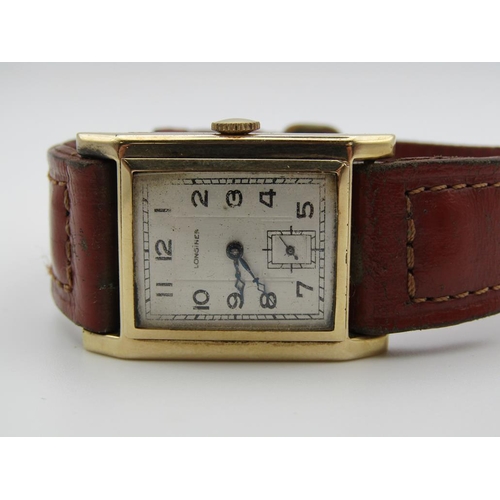 1609 - 14ct GOLD LONGINES GENTS WATCH ON BROWN LEATHER STRAP
