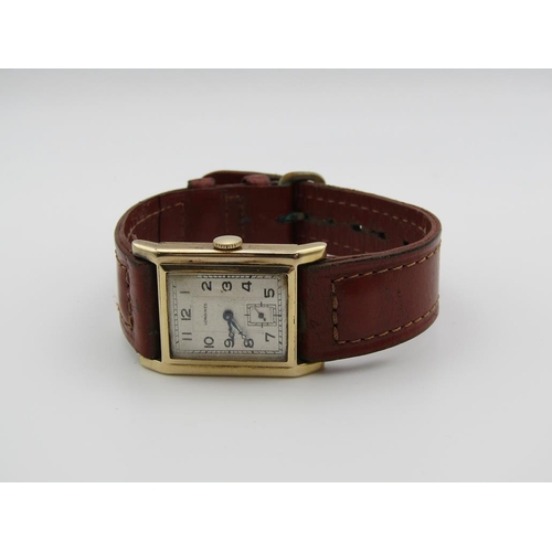 1609 - 14ct GOLD LONGINES GENTS WATCH ON BROWN LEATHER STRAP