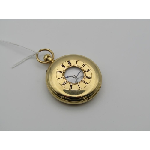 1613 - 18ct GOLD HALF HUNTER POCKET WATCH WITH BLUE ENAMEL NUMERALS 100.5g TOTAL